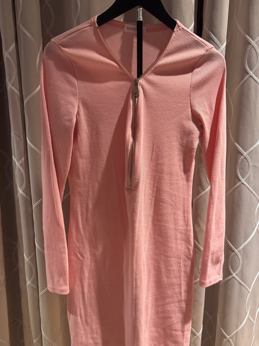 Favolook Pink Long-Sleeve Zip-Front Ribbed Dress